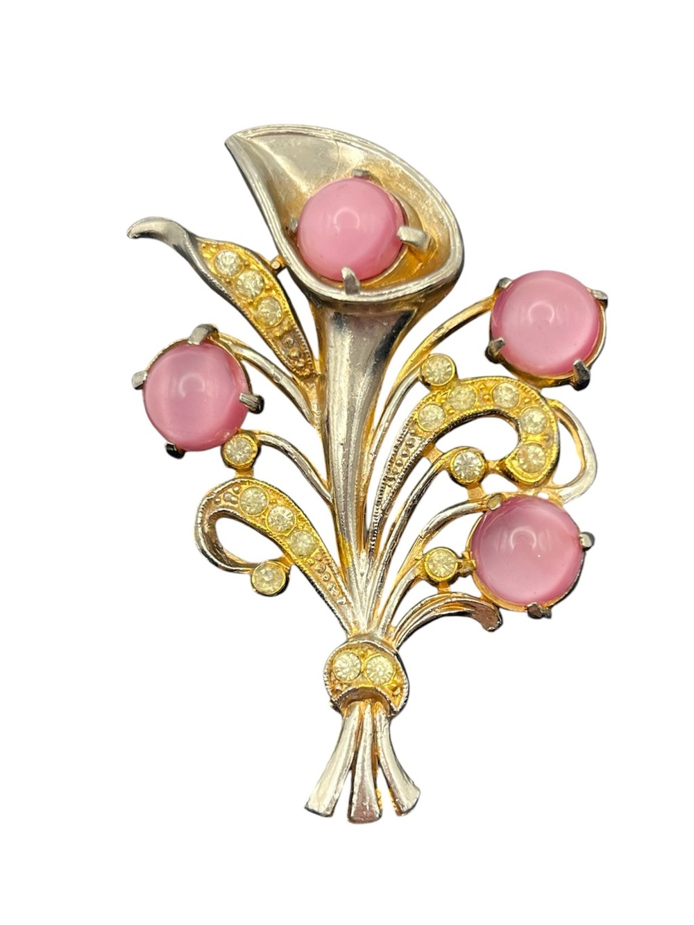 1950’s Mid Century pink moonglow cabochon stones flower bouquet brooch pin